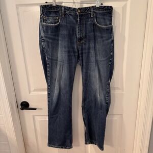 Orvis Mens 100% Cotton Dark Wash Jeans size 36x30 Made in USA Outdoor Denim Blue